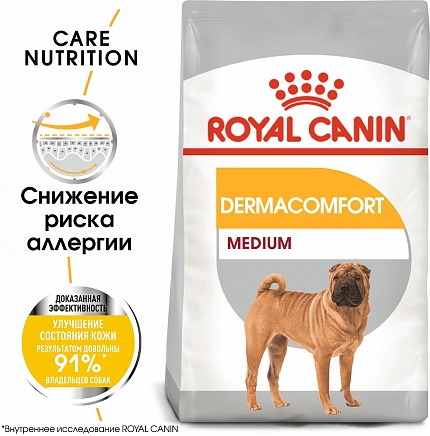 Medium Dermacomfort корм сухой полнорационный для взрослых и стареющих собак средних размеров при раздражениях и зуде кожи, связанных с повышенной чувствительностью